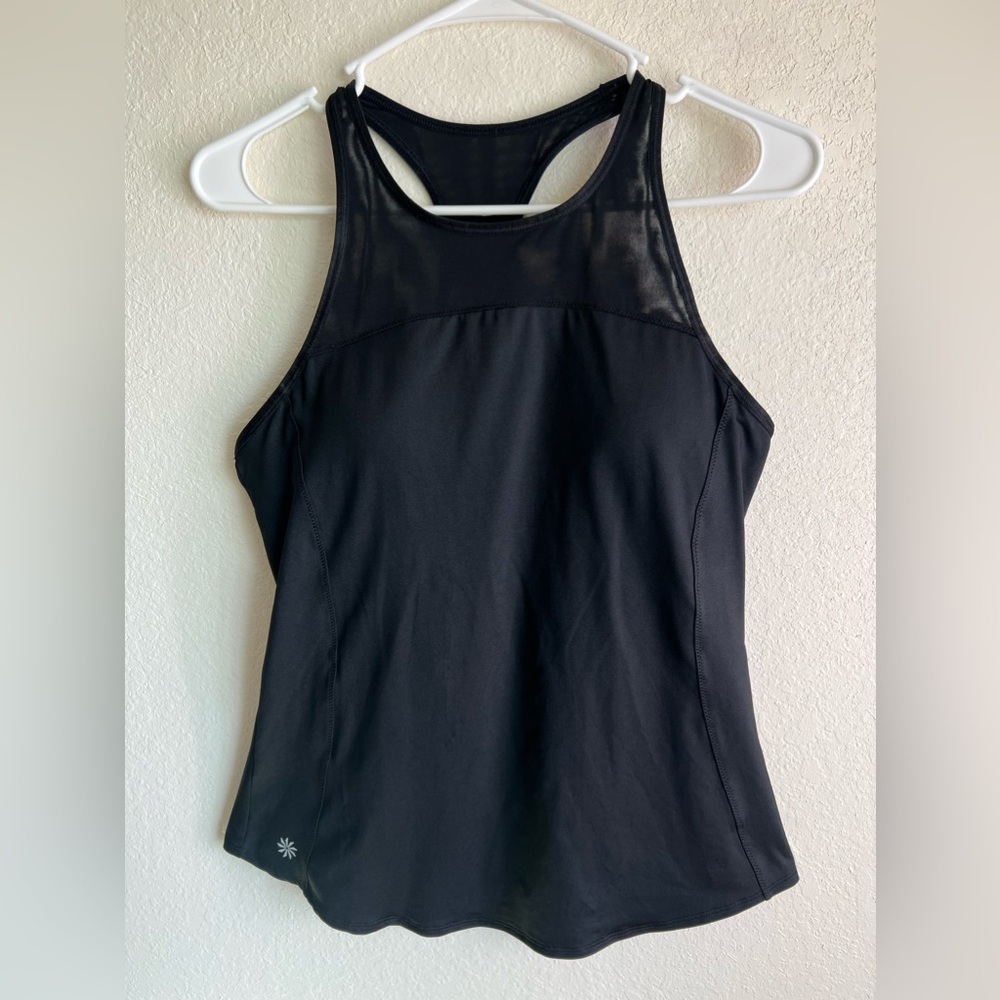 Athleta Womens M Racerback Tank Top Built in Bra Black Sheer Mesh Top